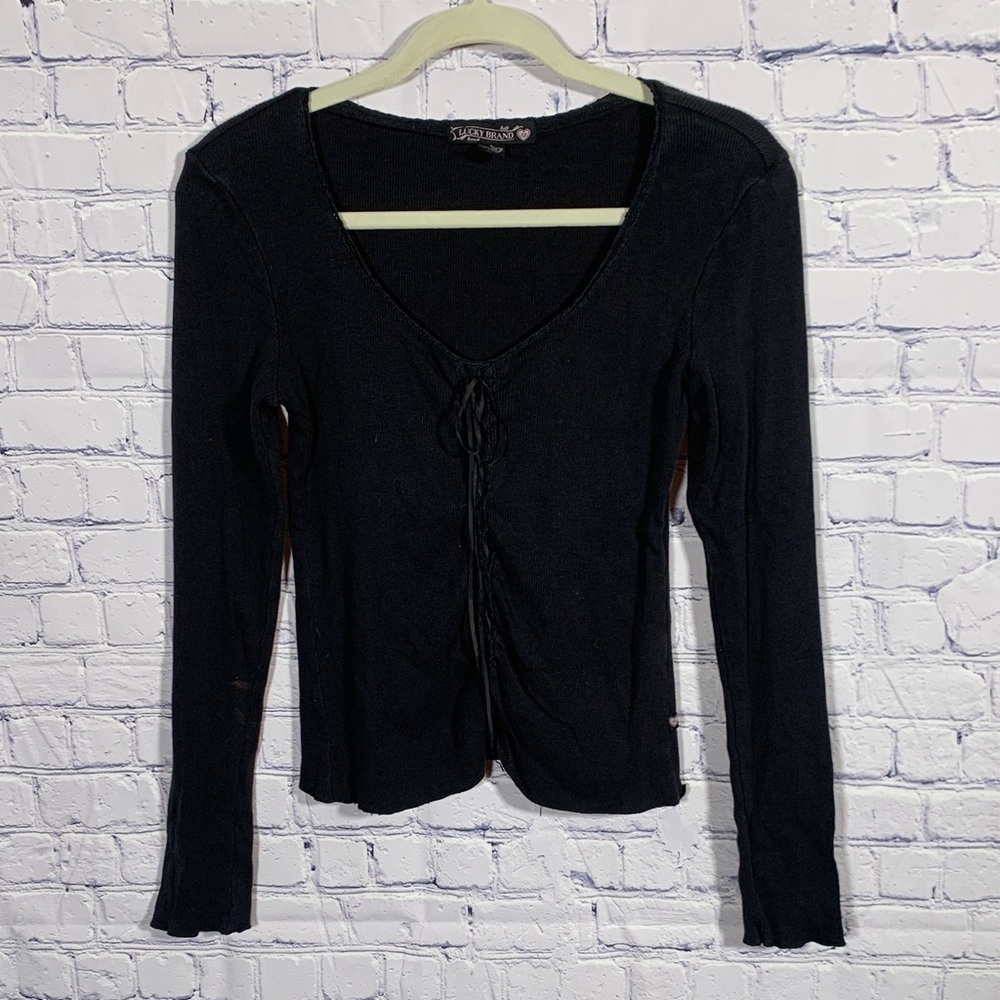 Lucky Brand Womens Y2K Ribbed Long Sleeve Top Black Cinch Tie Front Sz L Fitted - Picture 1 of 6